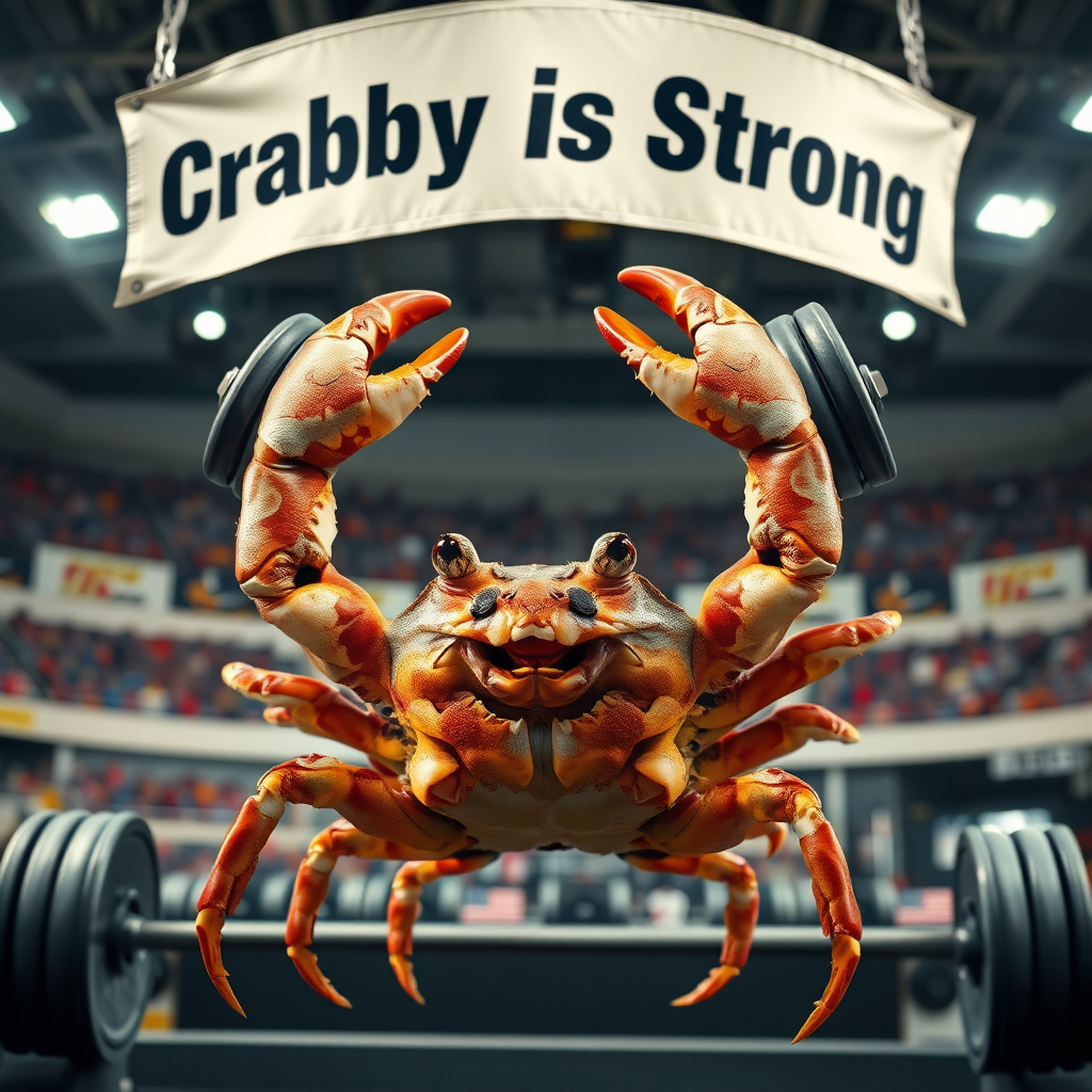 A photo realistic crab lifting weights over his head with his claws in a sport arena with a banner overhead that says "Crabby is Strong"