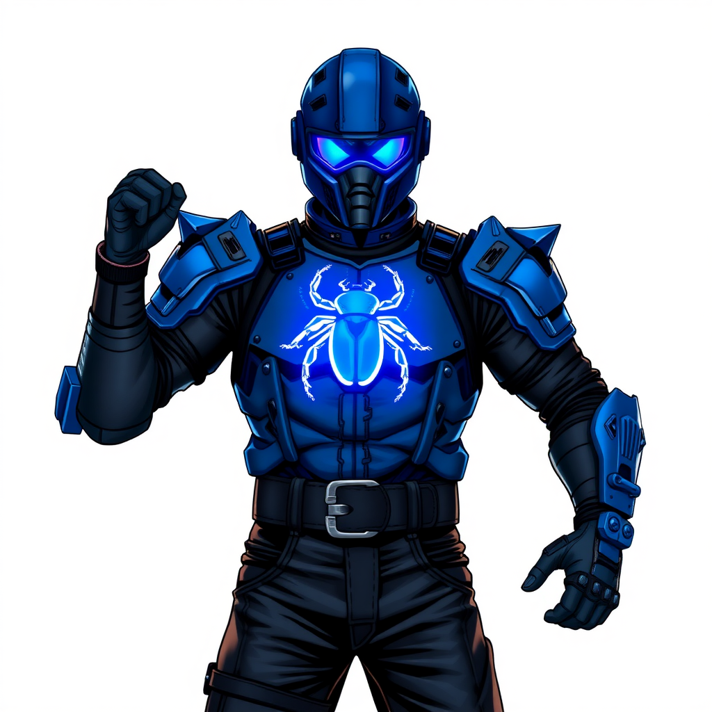 A 28-year-old cyberpunk vigilante stands heroically, clad in high-tech, maximum blue leather armor featuring a neon blue glowing beetle on the chest. They wear black biker pants, a black belt with a sapphire beetle buckle, and a head covering helmet resembling a sleek, tactical design, but colored maximum blue with neon blue glowing lenses. Their hands are protected by black metal gloves, all set against a solid white background. He is drawn as if he was in a retro 2D cyberpunk fighting game.