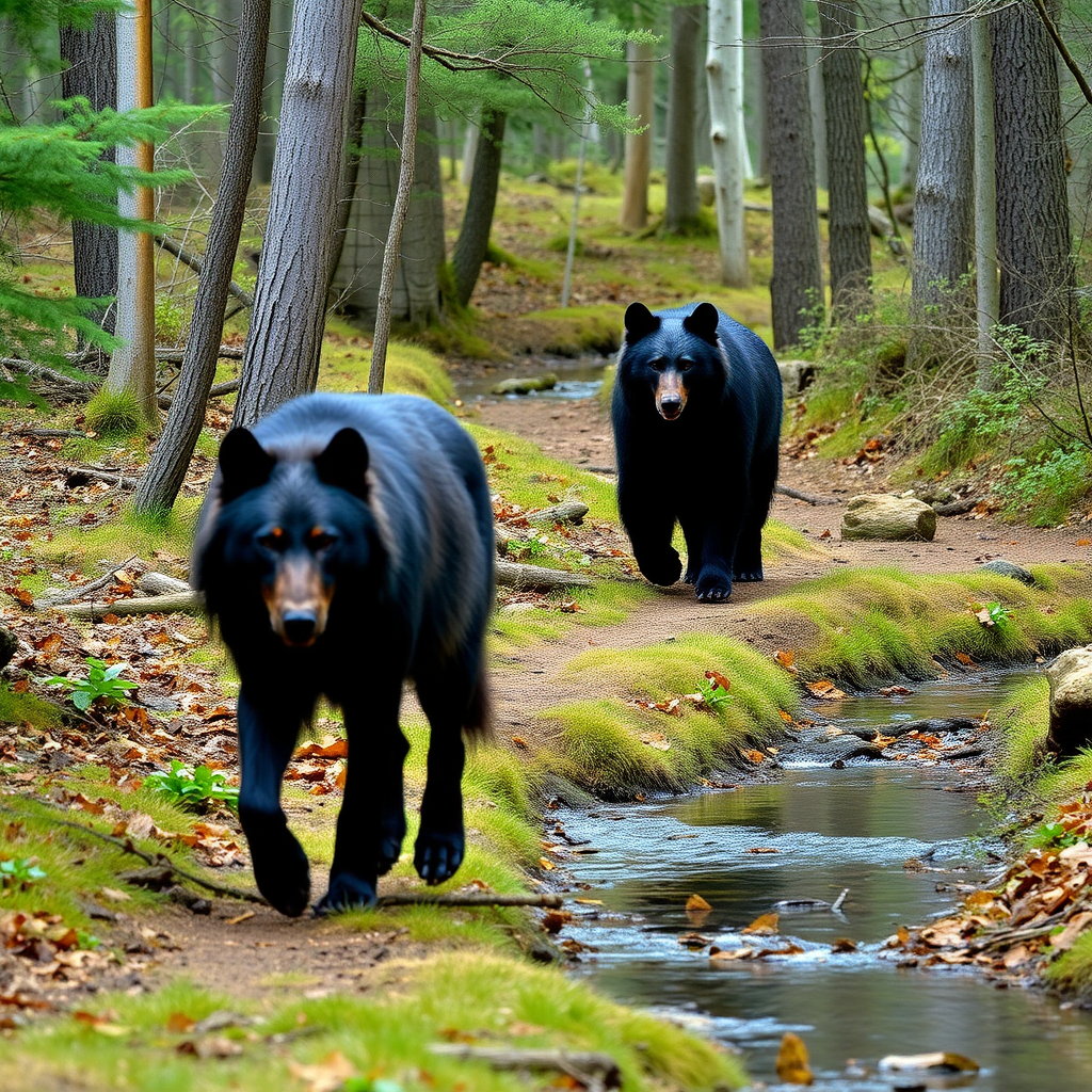 Two dark furred wolves and a black bear walking through the woods along a small creek.