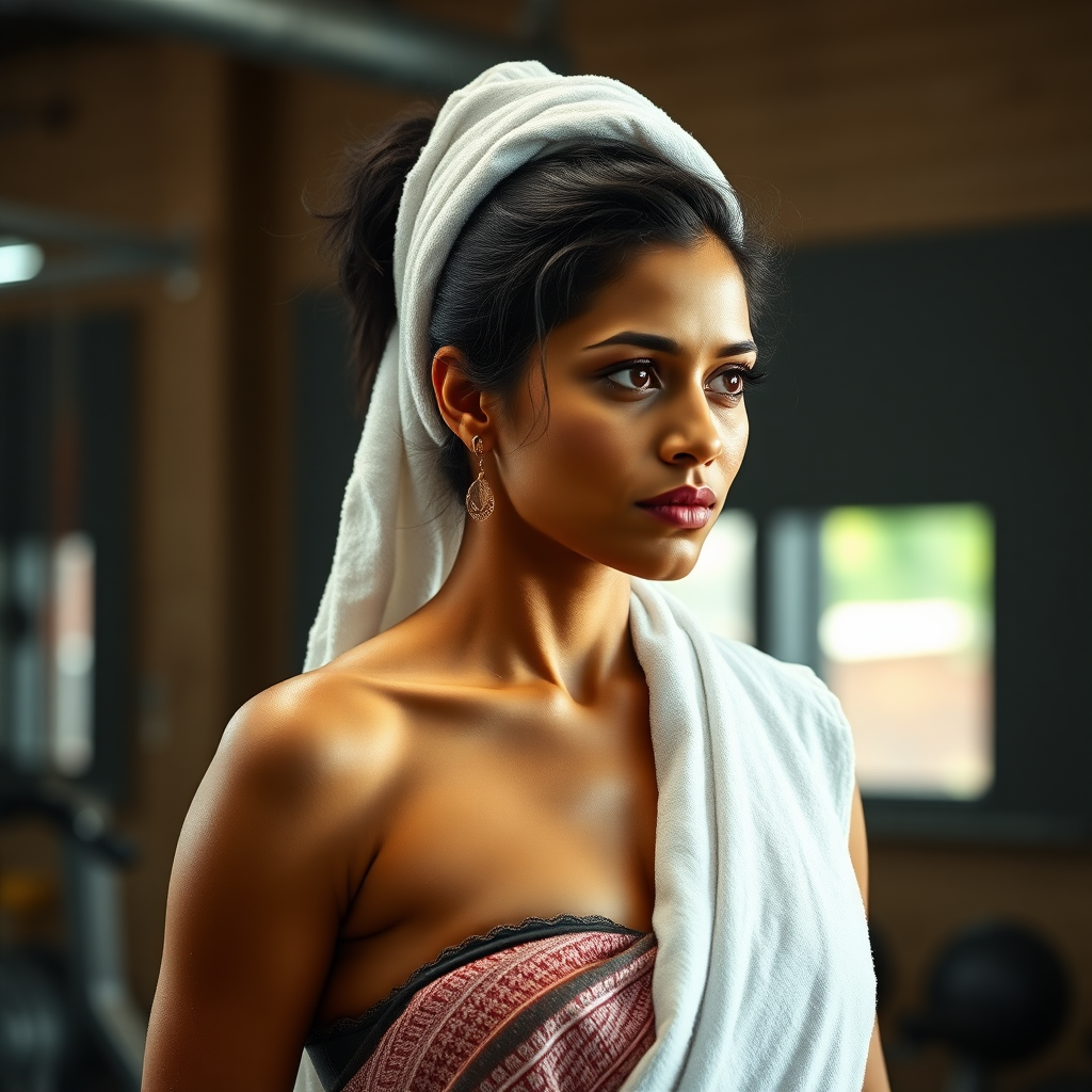 Indian wife, wrapped in towel, standing in gym