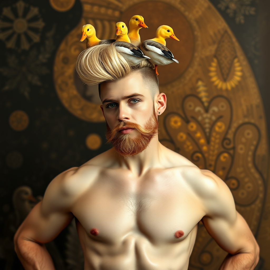 The background is a painting by Gustav Klimt. A 4K hyper-realistic photograph in the style of Kandinsky, blending surrealism with kitsch. The subject is a man with an extravagant, Italian blond haircut, styled in a flamboyant bun, paired with a sexy, Masculine look. He sports a neatly groomed, three-day beard — short, evenly distributed, with a light shadow effect across the chin, jawline, and cheeks. His makeup is dramatic, like a drag queen, adding to the boldness of his appearance. He has a muscular, athletic build. He’s naked, standing confidently with his hands on his hips. Above him, smaller ducks rest playfully on his head.