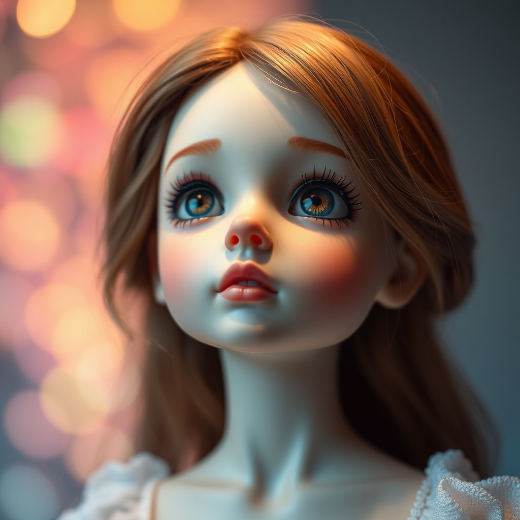 preteen artists doll, cute, interesting, bisque porcelain doll, bjd, collectors doll, looking up dreaming, Bokeh, abstract, brilliant colors, glittering, translucent, mother of pearl, opal, iridescent, natural skin, glowing, artistic photo, wide angle, full body