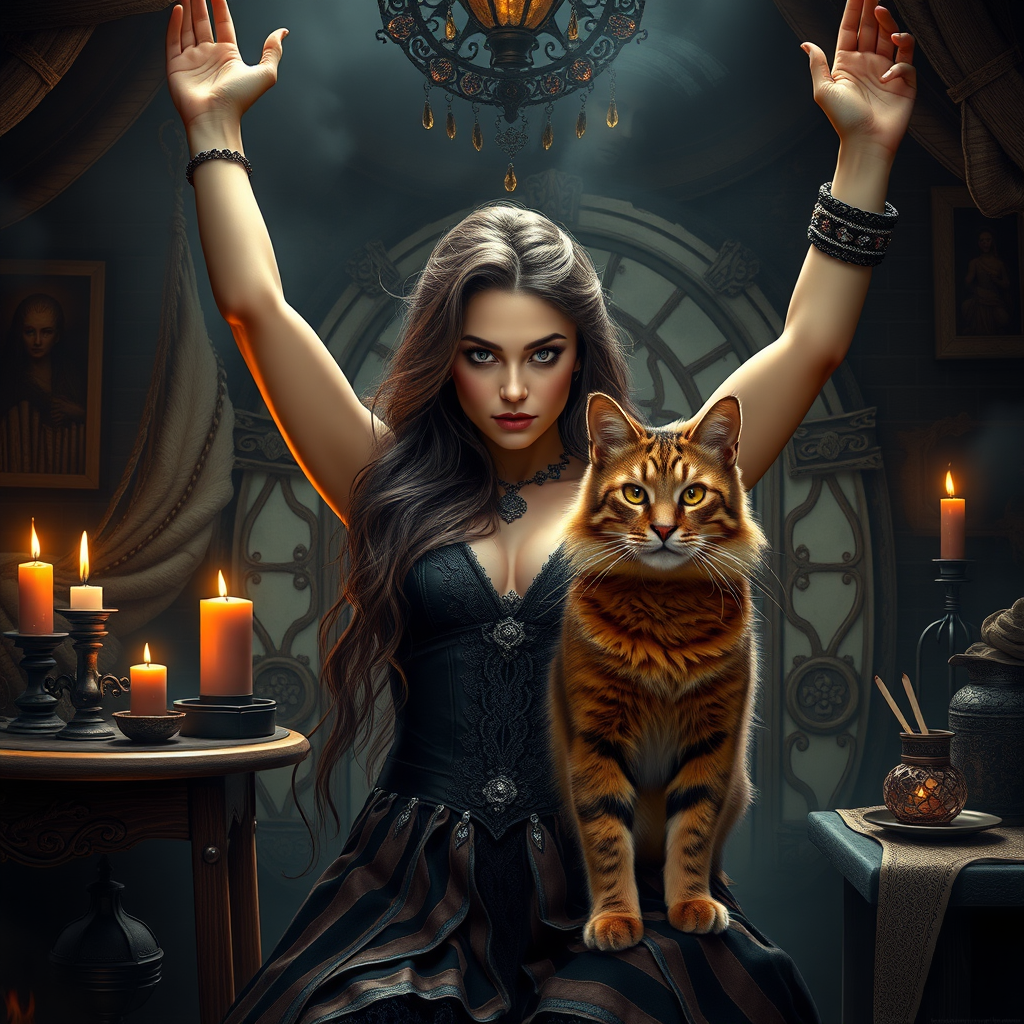 Imagine: A perfectly staged scene of sorcery and companionship filled with hundreds of little details. Within there is a terrifying sorceress looking lovely and irresistible. Her physique is preternaturally perfect. Staring directly into the eyes of the viewer. Arms up high. She has a brown Siberian Cat as a familiar.