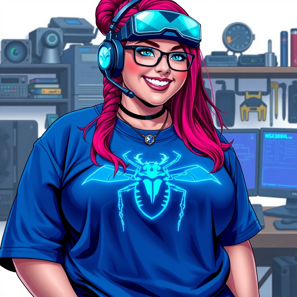 A cyberpunk vigilante’s full-figured intelligent and tech-savvy 29-year-old girlfriend, who is a computer hacker and tech genius. She has a long ruby red ponytail and bright blue eyes. She wears a sapphire beetle gemstone necklace, and an oversized maximum blue t-shirt featuring a giant neon blue glowing icon of a beetle on its chest. She has a full-figured physique with a prominently, gargantuan, well-rounded midsection, reflecting her well-cared-for lifestyle. The midsection is heavily emphasized. She sports a sapphire headset with hi-tech maximum turquoise lensed HUD visor, black eyeglasses, and a beaming smile with a passionate bright red blush. Despite her figure and a lack of self-esteem, she radiates an air of beauty. She has a slim face which contributes to her radiant beauty. She serves as his tech expert from his hideout, dutifully working at her workshop with a computer desk and tool bench. The background is solid white. She is drawn as if she was in a retro 2D cyberpunk fighting game. Ensure her shirt covers her well-rounded midsection.