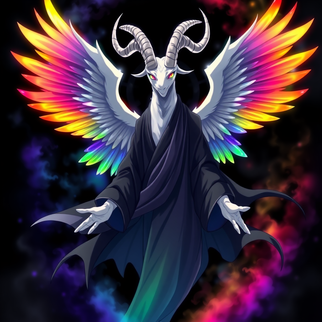 (Anime-styled art) In an anime-styled artwork set against a deep black background, a towering humanoid figure reminiscent of a tall, white reptilian goat god commands attention. Its striking rainbow-colored eyes shimmer with an ethereal light, framed by two majestic white goat horns that curve elegantly from its head. Draped in flowing black and white robes that ripple like smoke, the figure exudes an air of mystique and power. Surrounding its form is a chaotic, radiant aura that shifts through the colors of the rainbow, creating a mesmerizing spectacle.

Three magnificent angelic wings, each a vibrant blend of rainbow hues, unfurl gracefully from its back, their feathers shimmering with an otherworldly glow. With hands outstretched as if inviting connection, the figure floats serenely in the void, its gaze locking onto the viewer with an intense, otherworldly presence that captivates and enchants.