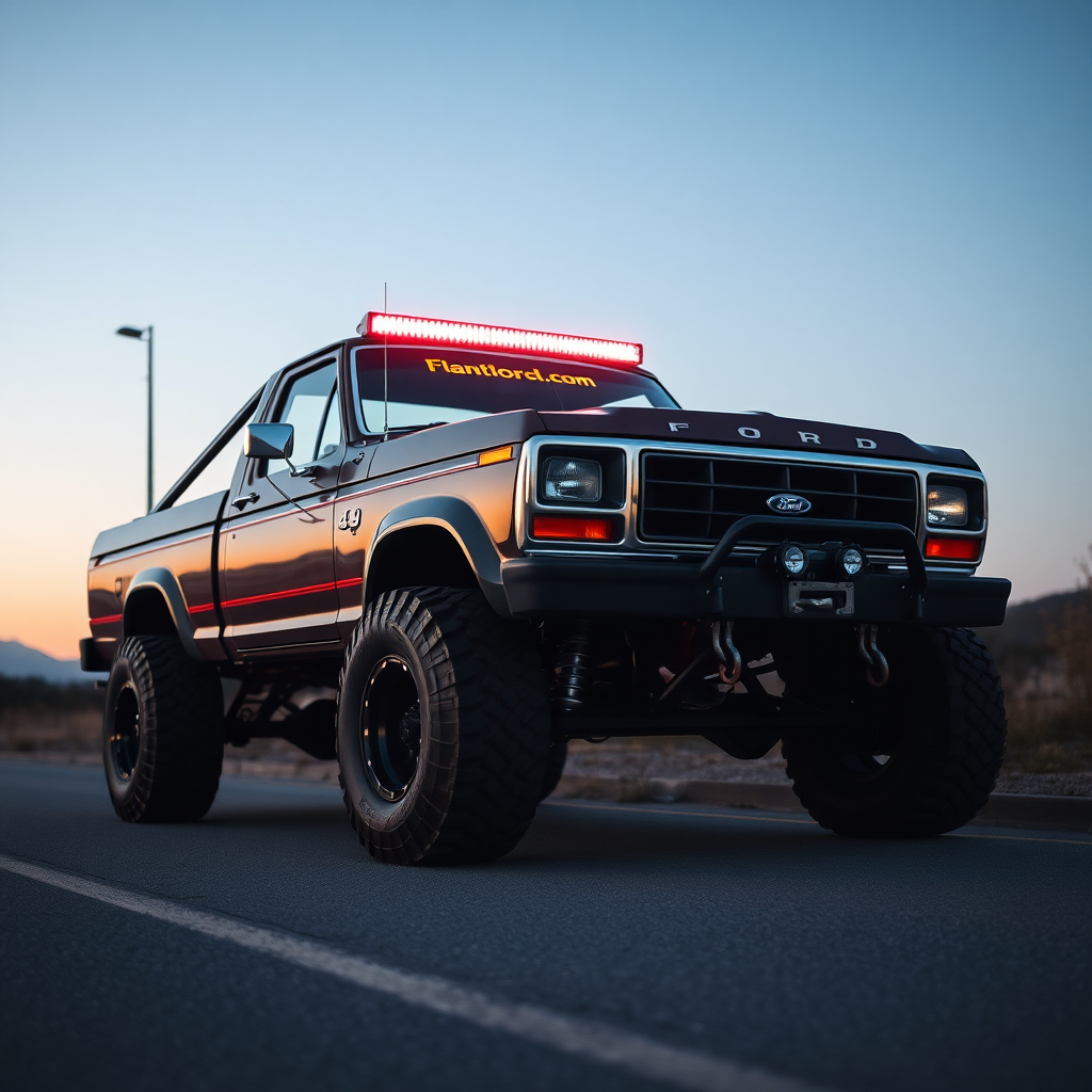 the car is parked on the side of the road, inspired by Taiyō Matsumoto, tumblr, restomod, nd4, c4 ford 4x4 pick-up monster truck light bar