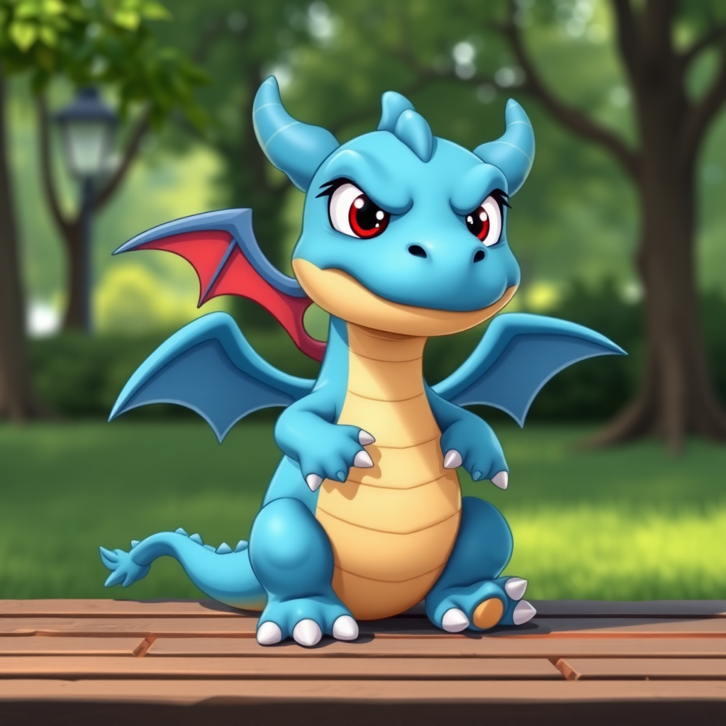 A cartoon blue small dragon with two legs, two arms, black angry eyes with red pupils and wings sitting on a bench in a park.