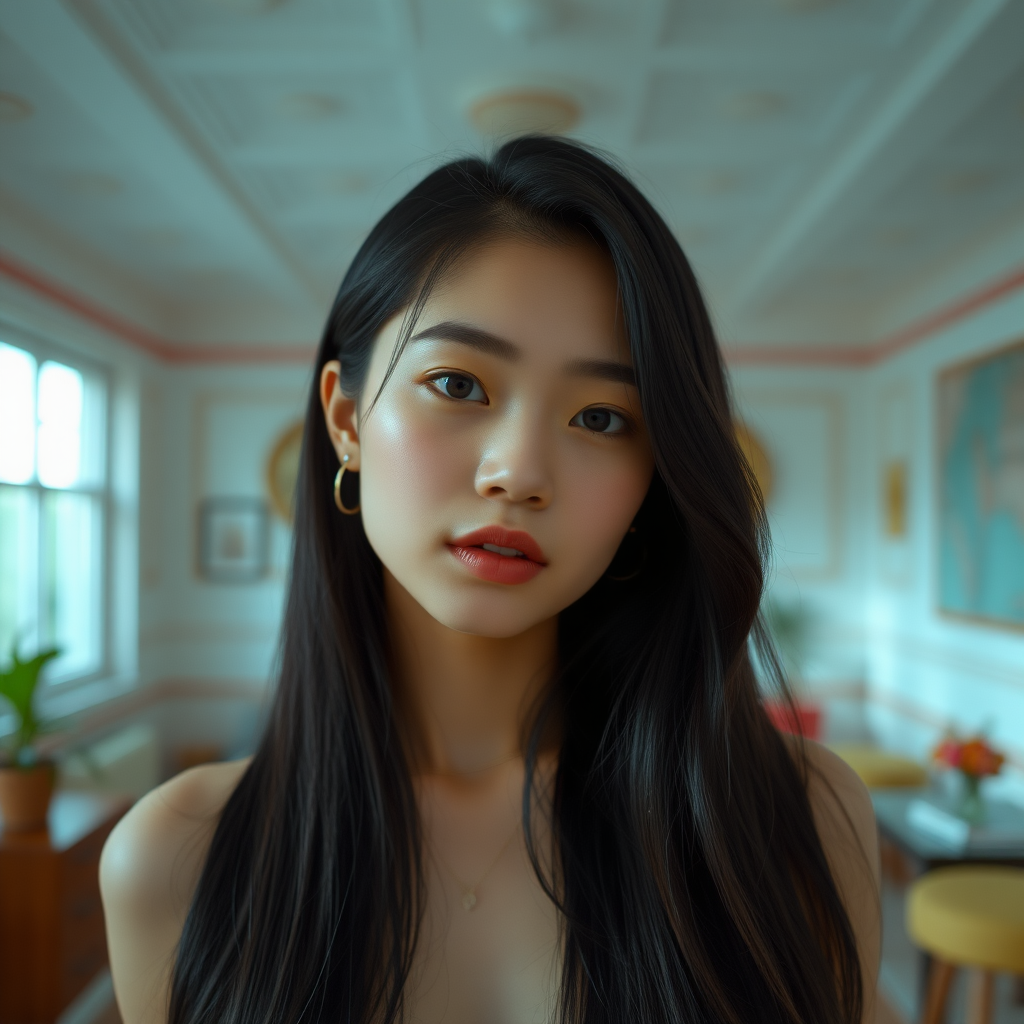 A young Asian woman with long, jet-black hair in a surreal room