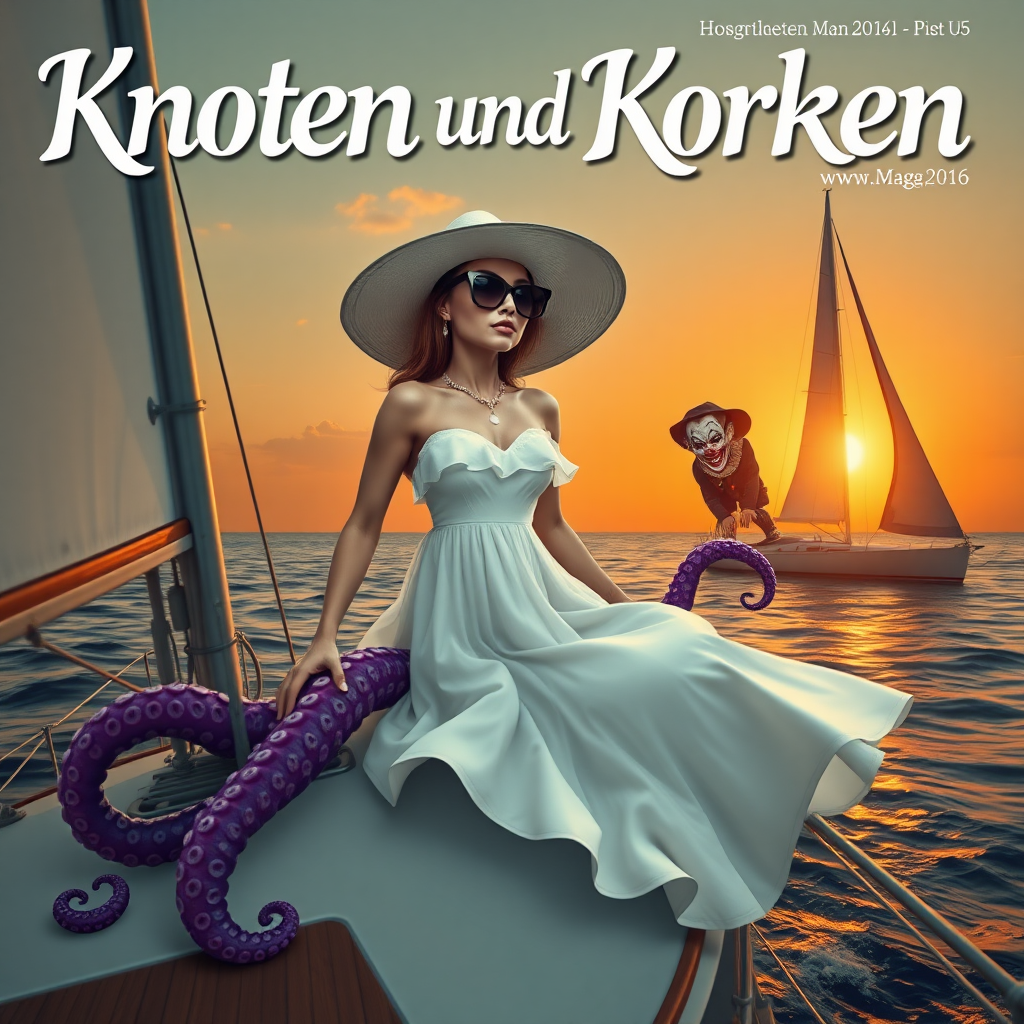 Create a high-resolution, fictional magazine cover in DIN A4 portrait format. The magazine is titled 'Knoten und Korken.' In the foreground, there is a sailboat with a mysterious creature onboard. The creature has the upper body of a woman wearing a flowing white summer dress, a large white sun hat, and oversized dark sunglasses, while the lower body consists of purple octopus tentacles. The setting sun casts a mystical orange glow over the scene. In the background, another sailboat is visible, and a menacing clown peers out from a porthole, adding an eerie atmosphere.