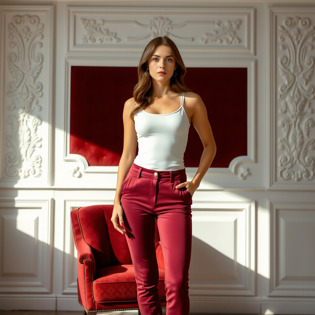 A stylish interior scene featuring a woman standing elegantly beside a plush maroon chair. The backdrop showcases ornate white paneling with intricate designs, contributing to a luxurious ambiance. The subject wears a fitted white tank top and form-fitting burgundy pants, accentuated by subtle zipper details. Soft, natural lighting enhances the warmth of the color palette, creating a harmonious contrast between the deep maroon and crisp white. The overall aesthetics blend elements of modern fashion with classic elegance, evoking a sense of sophistication.