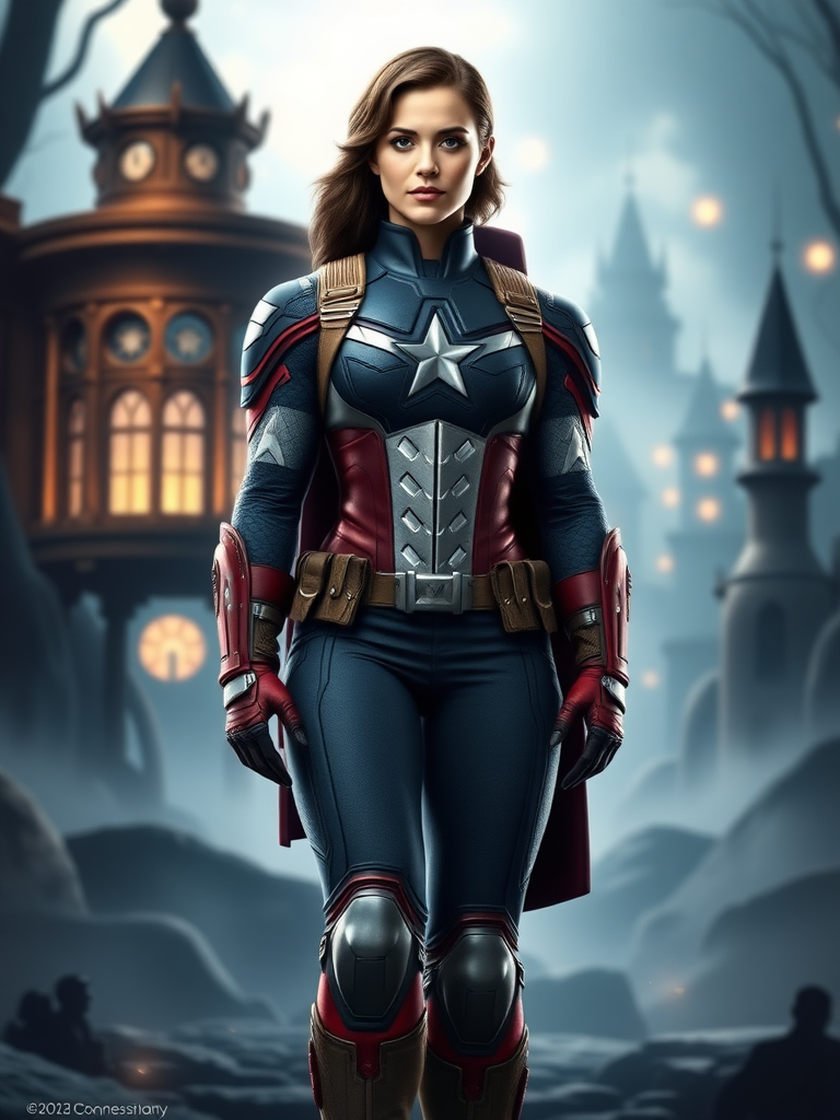 Create a full-length rendered image of Captain America, using the female figure of Snow White for the body. Retain Captain America's head, hairstyle, and facial features. Integrate elements of Snow White's costume into Captain America's attire, adjusting it to fit the new proportions. Design the background inspired by both characters, incorporating iconic symbols and settings that reflect their worlds, merging the heroic and fairytale atmospheres seamlessly. Ensure the image captures the strength of Captain America alongside the whimsy and charm of Snow White, resulting in a unique and visually striking character fusion.