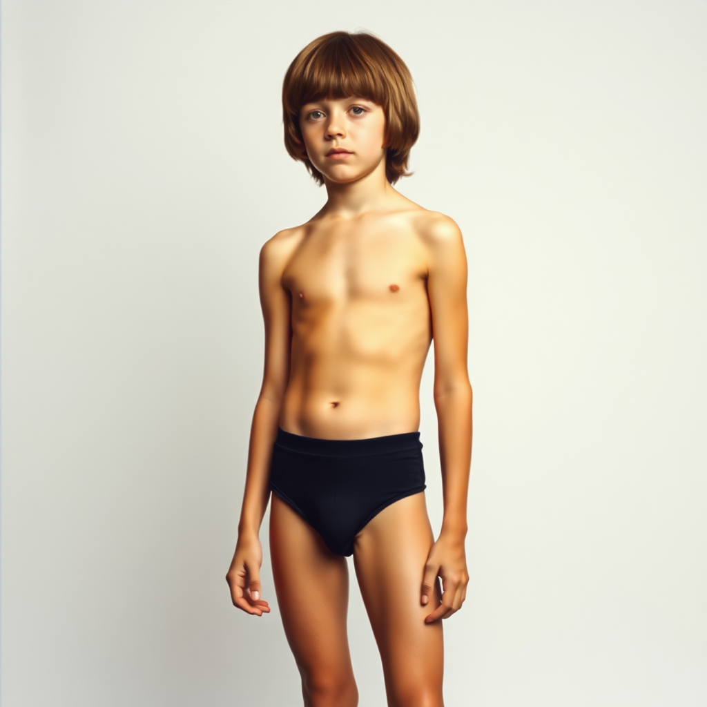 A skinny 14yo teen boy, long hair bowl cut, wearing tight narrow speedo, long legs, narrow thighs. full-length view. 1970s. photorealistic, ultra high resolution, 16K, Negative: grainy, blurry, bad anatomy, extra limbs, watermark.