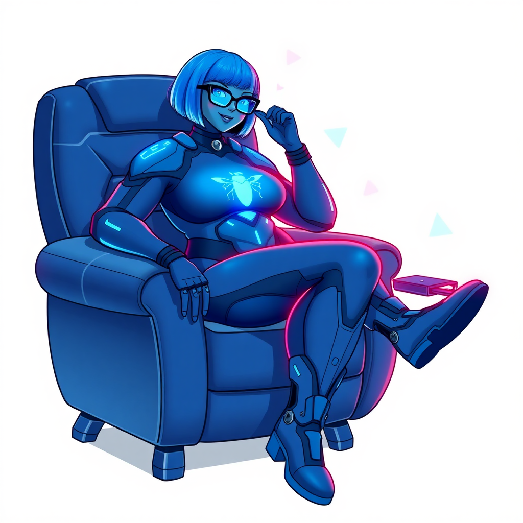 A heavily, extremely, and intensely pampered nerdy full-figured middle blue skinned digital sidekick, a 28-year-old computer major, has been transformed by her doting vigilante boyfriend. Her middle blue skin and bob cut seamlessly integrate with her data, and her neon blue eyes glow with intelligence. Her physique, now showcasing a gargantuan round midsection, massive limbs, and broad shoulders, contrasted by a slim face, clearly reflects her indulgence and pampering. Her full figure is prominently highlighted, with her prominent, gargantuan, round midsection and massive limbs emphasizing her pampered sidekick status. As the loyal and supportive sidekick, she plays a crucial role in their missions, using her digital prowess to assist and protect.

She wears a digital maximum blue bodysuit, featuring a neon blue glowing beetle chest icon, digital maximum blue boots, and matching high-tech gloves. She bashfully giggles with a neon red blush, emitting neon blue data cubes from her body. Her full figure, now gargantuan and heavily emphasized by her nerdy appearance, clearly shows how pampered she is. Her nerdiness is accentuated by her black oversized eyeglasses.

Her outfit, influenced by DC’s Jennifer Knight Phantom Lady, remains distinct. Adding to her pampering, she serves as his minicomputer, traveling in his high-tech wristwatch and supercar’s computer system. Using her ability to hack into computers and machines, she relays crucial knowledge relating to his missions.

In her new pose, she sits comfortably on a plush, high-tech maximum blue chair with one leg crossed over the other, her oversized glasses slightly askew as she adjusts them with a bashful smile. Her relaxed posture and content expression, combined with the glowing data cubes around her, clearly reflect her status as a heavily pampered, nerdy digital sidekick. Her prominent, gargantuan, rounded midsection and massive limbs are prominently displayed, emphasizing her indulgence and pampering while maintaining her nerdy physique. She is on a solid white background. She is drawn as if she was in a retro 2D cyberpunk fighting game.