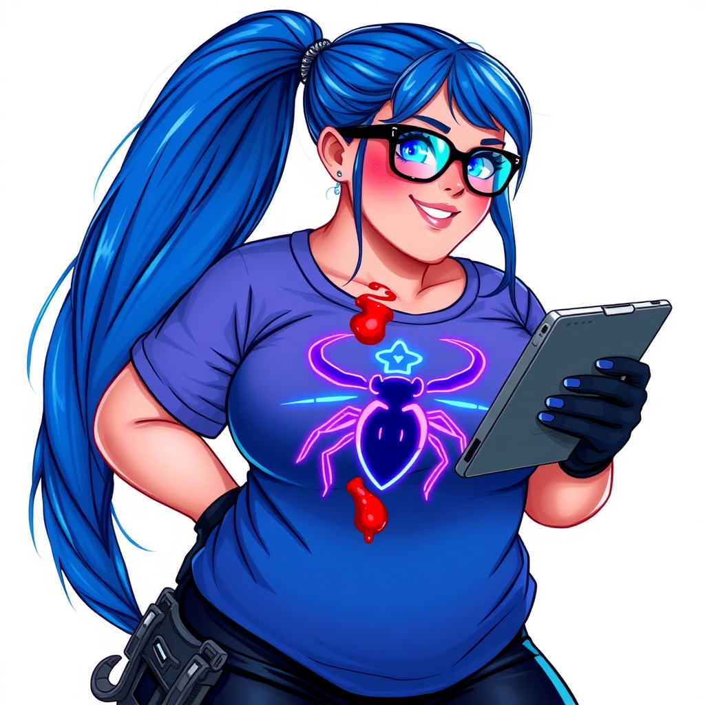 A 28-year-old, full-figured tech genius, she is the devoted girlfriend of a cyberpunk vigilante. Her long, maximum blue ponytail and glowing sapphire eyes are striking features. Her prominent, round midsection, gigantic limbs, and broad shoulders define her full figure. As the loyal and supportive sidekick, she plays a crucial role in their missions, using her digital and technological prowess to assist and protect.

She wears an oversized maximum blue t-shirt with a glowing neon blue scarab beetle chest icon and black high-tech gloves. Her neon red blush and lovestruck smile are ever-present as she holds a futuristic wrench and a digital holographic tablet. Her face, often smeared with pizza sauce, shows how pampered she is by her doting boyfriend. Her nerdiness is unmistakable, accentuated by her black oversized eyeglasses. She serves as her boyfriend’s indispensable tech expert. She is on a solid white background. She is drawn as if she was in a retro 2D cyberpunk fighting game.