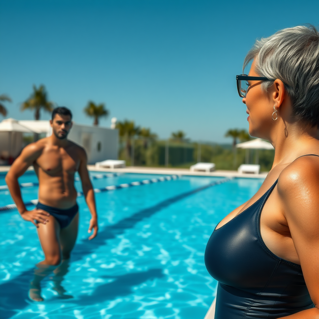 From the side of a swimming pool, an amazed 20-year-old European skinny pool boy is watching from a distance a gorgeous 45-year-old European Latina with a sharp aquiline nose, wrinkles, high cheekbones, Middle Eastern features, skinny build, tanned skin, rounded medium breasts, skinny thighs, big rounded ass, full makeup, jewelry, serious face, sharp nose, shocked yet smiling, blushing, open-mouthed, horny expression. She has ash hair in a short bowl haircut, slicked back, and brown eye color, wearing glasses, with detailed features. She is dressed in a tight navy blue competition one-piece swimsuit, captured in a full body landscape wide shot with a long focal length.