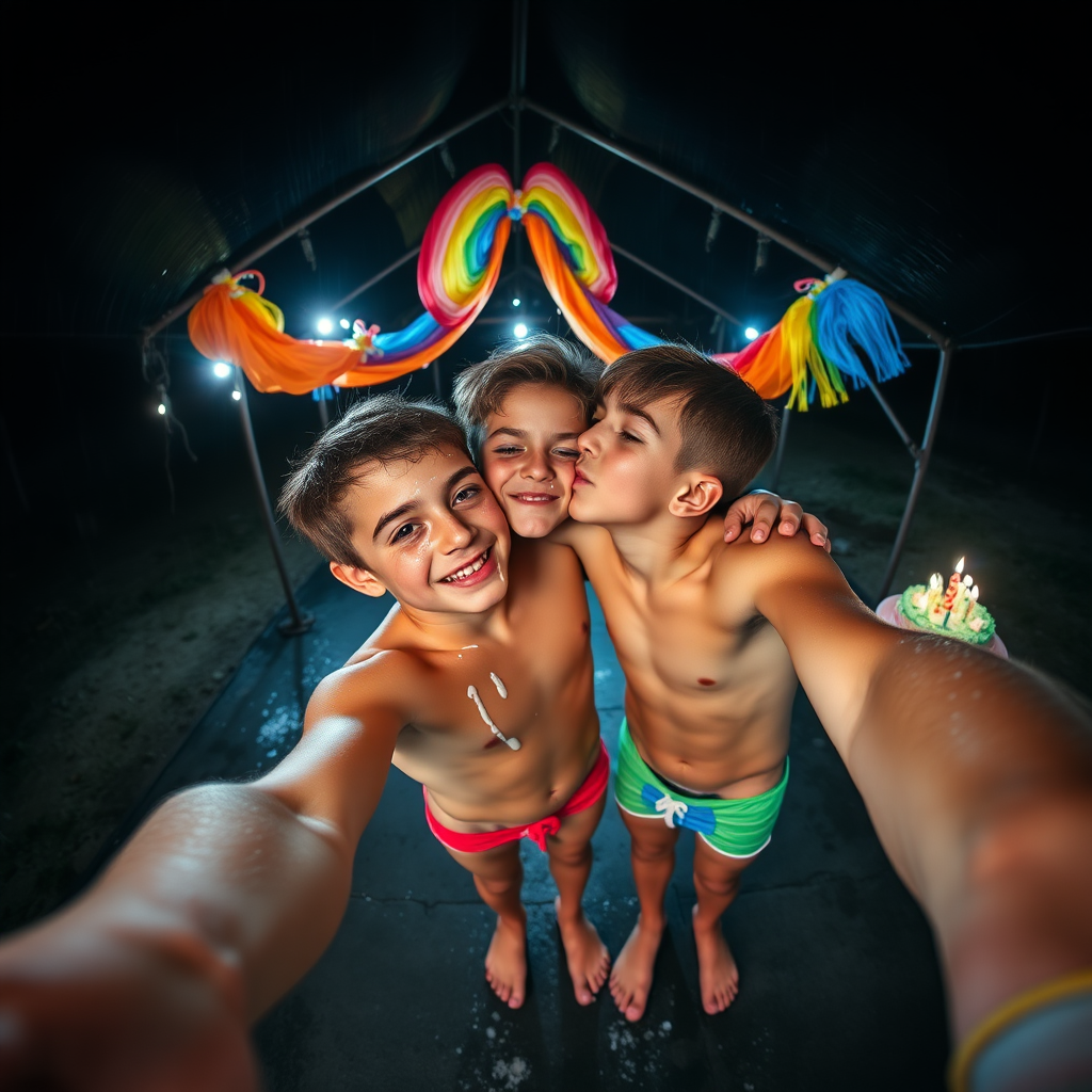 rainbow birthday party!, aerial selfie, selfie stick, night vision, friendly barefoot tween boy shirtless with adorable hair and freckles kissing his brother, they are sticky with icing like runny white mucous, shirtless and in tiny little fitted trunks, alone celebrating in a dark rainy picnic shelter at midnight, winking at the camera, rainbow decorations