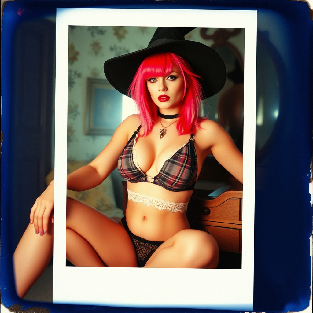 can of an old polaroid photo with heavy dark vignetting and a blue color tint to the photograph and visible light leaks. The photo depicts a sexy alt goth woman with pale skin and brightly colored dyed hair. She has large breasts with ample cleavage and is wearing a plaid bra with triangle shaped cups. She is wearing a witch hat. The image looks hazy and grungy. She is in an old house with wallpaper on the walls. Dark lighting with camera flash used. Candid. she is wearing a tiny revealing lace thong. She is sitting on a builtin vanity with a mirror with her knees spread apart. She is wearing black high heels.