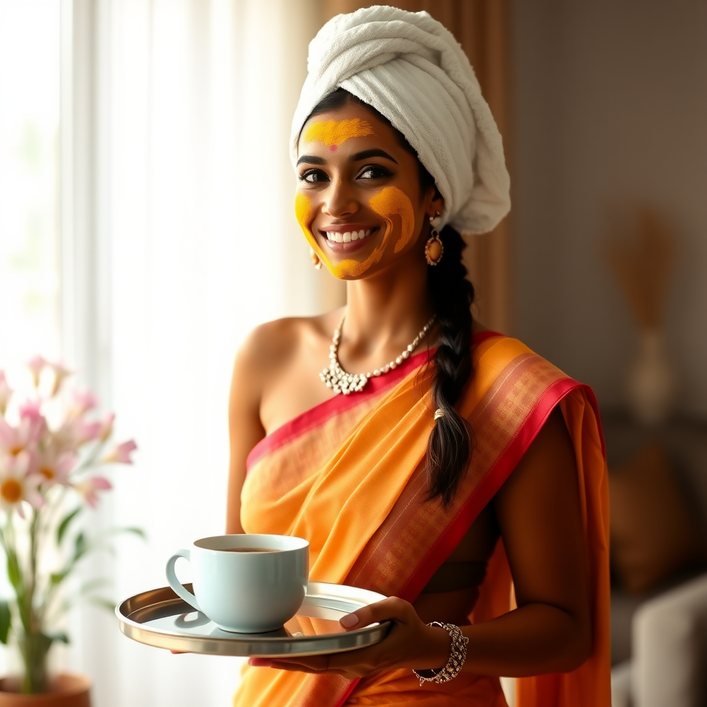 slim, 30 year old, indian Bride, towel head, turmeric face mask, saree. She is smiling and serving coffee on a tray in living room.