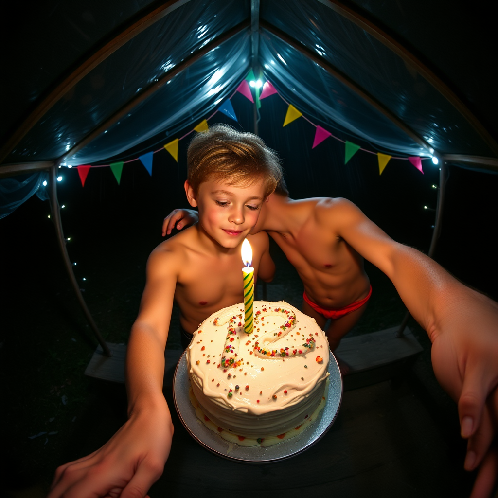 rainbow birthday party!, aerial selfie, selfie stick, night vision, friendly barefoot tween boy shirtless with adorable hair and freckles kissing his brother, candle on cake shaped like 12, they are sticky with smashed birthday cake and icing like runny white mucous, shirtless and in tiny little fitted trunks, alone celebrating in a dark rainy picnic shelter at midnight, winking at the camera, rainbow decorations