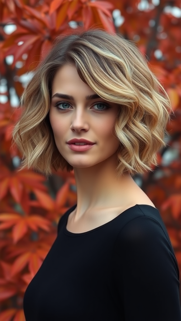 Sara Sampaio with short wavy hair, ash blonde color with highlights, against a backdrop of autumn chestnut foliage, in high definition.