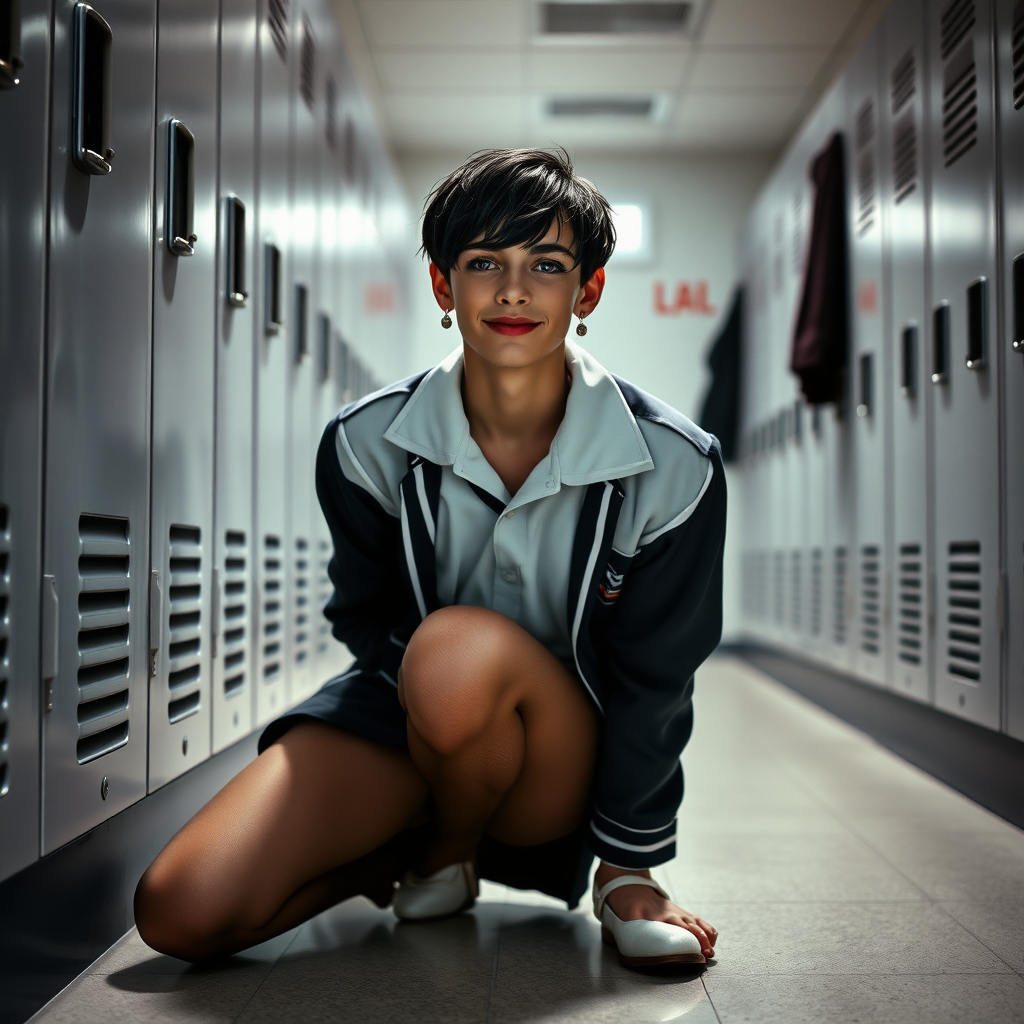 photorealistic, ultra high resolution, 16K, surreal fantasy, soft studio lighting, a pretty 17 year old goth male, slim male physique, short dark hair, blue eyes, goth makeup, earrings, sheer pantyhose, UK girls-school uniform, Mary-Jane shoes, kneeling on the floor of the locker room looking up at the camera, excited smile, facing the camera.