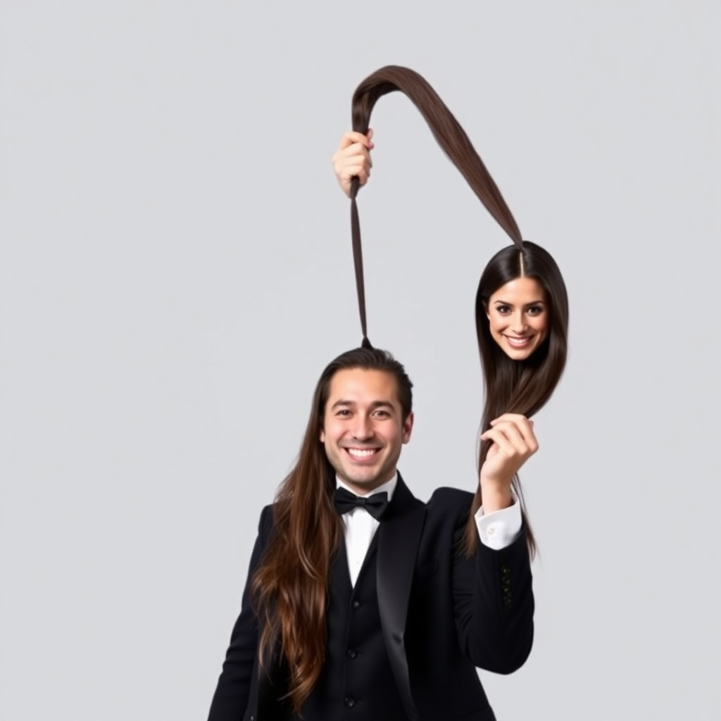 A surreal image of a smiling male magician holding up the disembodied head of a very long haired Meghan Markle. He is grabbing her very long hair and pulling it up high in the air, while her head is hanging by her hair from his grasp to display it to the camera. Plain gray background.