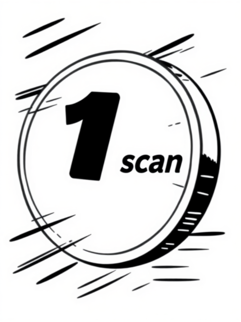 A token moving fast to the right with the engraving "1 scan"  
In the style of a comic icon in black ink only