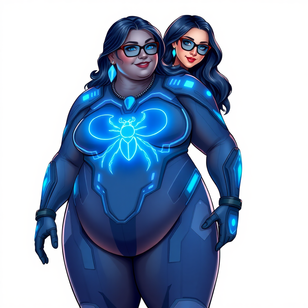 A 29-year-old full-figured computer science major, she is the devoted girlfriend of a vigilante and serves as his dotingly pampered, full-figured, nerdy digital sidekick. She has become a Computer Program hybrid, with a unique, metallic Middle Gray (N5) skin color that blends with her hair, appearing to merge together as computer data. Her neon blue eyes are mesmerizing. Her full figure, especially her prominent, round, gargantuan midsection, shows just how heavily fed and pampered she is, with sequoia-sized limbs and broad shoulders. Her midsection is bloated to emphasize the figure she gained from her pampering.

As a loyal and supportive sidekick, she plays a crucial role in their missions, using her digital prowess to assist and protect. She wears a blue sapphire scarab necklace and blue sapphire earrings, which she received as symbols of their love before his 5-year disappearance. Her digital Maximum Blue (RGB 71, 171, 204) bodysuit features a neon blue glowing beetle chest icon. She is equipped with high-tech features, including holographic displays and integrated hacking tools. She has matching high-tech gloves. She emits neon blue data cubes from her body, set against a solid white background.

Heavily, attentively, and immensely pampered through being well-fed since their reunion, her full figure clearly shows the extent of care she has received. Despite her digital enhancements, she retains her human vulnerabilities, including hunger and sleep, and is not immune to human weaknesses. She has the ability to hack into computers and machines, and her nerdiness is blatantly obvious with her black oversized eyeglasses. Her full figure, especially her gargantuan midsection, is prominently displayed and heavily emphasized. Her outfit, influenced by DC’s Jennifer Knight Phantom Lady, remains distinct.

Despite her boyfriend’s limited resources, she assists in the war on crime by serving as a minicomputer, traveling in a high-tech wristwatch and supercar’s computer system. Using her hacking abilities, she relays crucial knowledge related to missions. She has a beaming smile. She is drawn as if she was in a retro 2D cyberpunk fighting game. Their love for each other is evident.