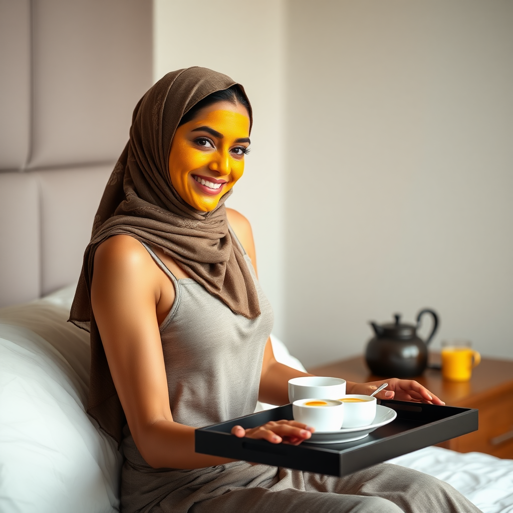 slim, 30 year old, sexy, indian wife, scarf head, turmeric face mask. She is smiling and serving breakfast on a tray on bedside table