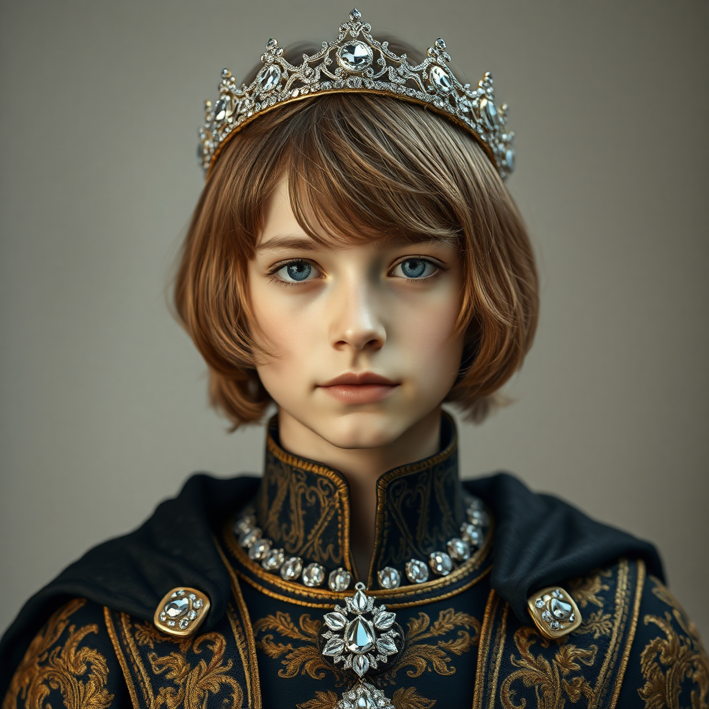 older teen boy prince, long bob cut, embroidered with gold and diamonds medieval cloths, diamond diadem. photorealistic, ultra high resolution, 16K,