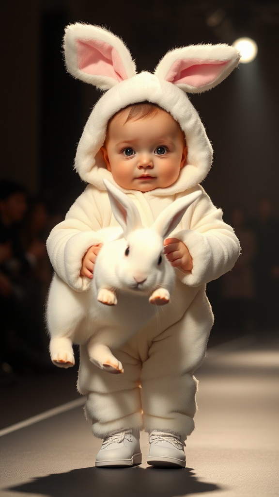 A cute small chubby fair baby with big eyes, pink lips, and pink cheeks, wearing a furry cozy white rabbit costume, doing a ramp walk in a fashion show, walking with a real big white rabbit held in their hands, cinematic.