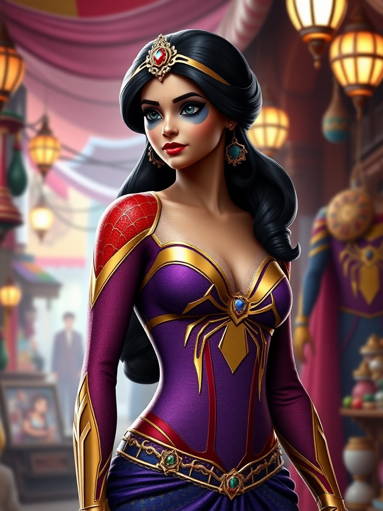 ## FLUX.1 Prompt:

Generate a full-length, photorealistic render of Princess Jasmine with the body type of Spider-Man. Keep Princess Jasmine's head intact. Adjust the body structure and silhouette to match Spider-Man's musculature and male physique. Modify Princess Jasmine's costume to fit the new body type, maintaining its overall style and color scheme. Set the scene in a vibrant Agrabah marketplace, incorporating elements from both Aladdin and Spider-Man universes.