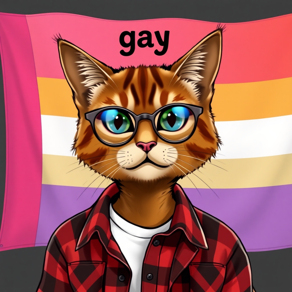 female cat-man brown color with, behind, a flag with horizontal colors pink/light pink/white/light orange/orange, colors in order with the word "gay" in comic sans above, wearing semi-round glasses, an open red and black checkered shirt with a white t-shirt, in digital art