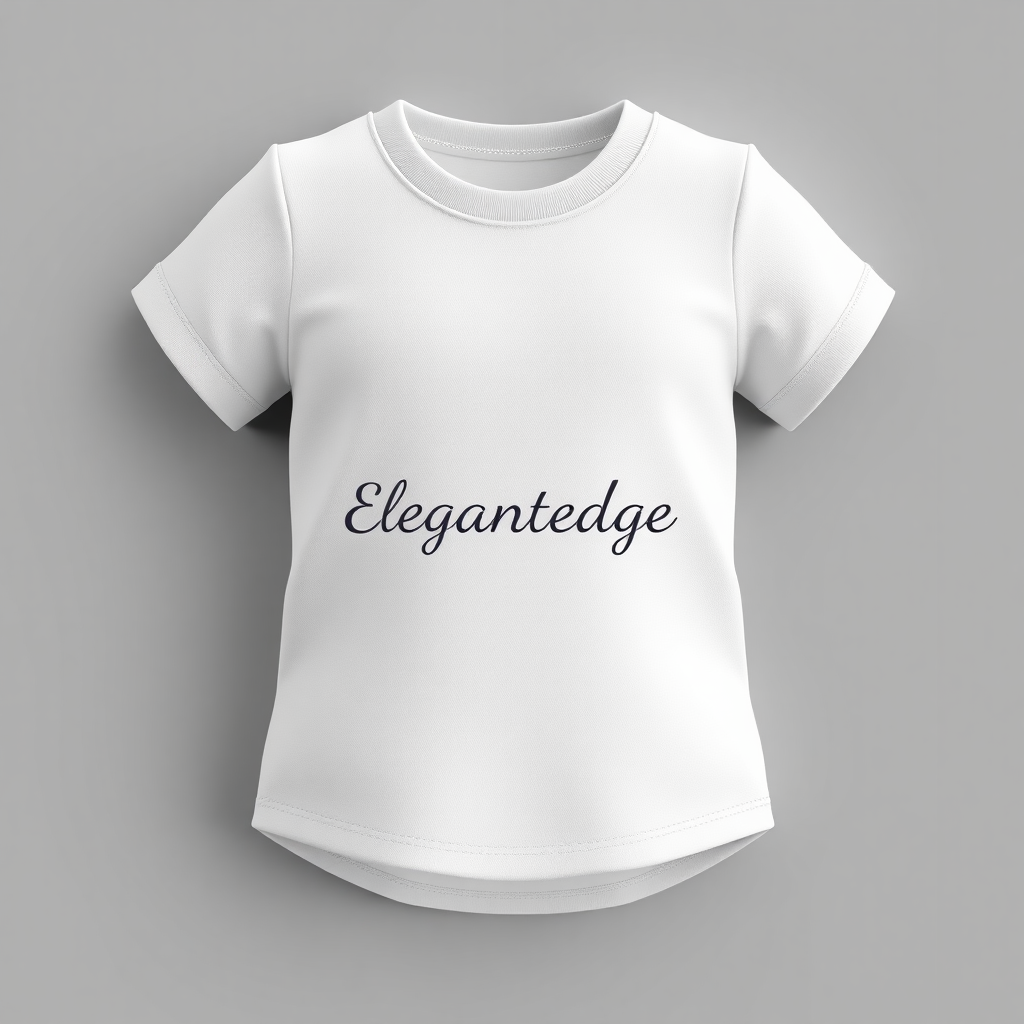 **Prompt for 3D Modeling Icon - Baby Crewneck T-shirt for Elegantedge:**

Design a cute yet elegant 3D model of a **baby crewneck t-shirt** that represents the **Elegantedge** brand. The t-shirt should feature a simple, fitted silhouette with soft lines and high-quality fabric, emphasizing comfort and durability. Highlight details like a smooth, rounded crewneck, short sleeves, and clean stitching that make the t-shirt both stylish and practical for babies.

Incorporate the **Elegantedge** name subtly across the chest or along the hem in a refined, playful font that suits the baby clothing aesthetic. The color palette should include neutral tones like white, light grey, and soft pastels, giving the t-shirt a modern and timeless feel. The design should reflect **Elegantedge's** commitment to high-quality, fashionable basics that balance both elegance and everyday comfort for little ones.