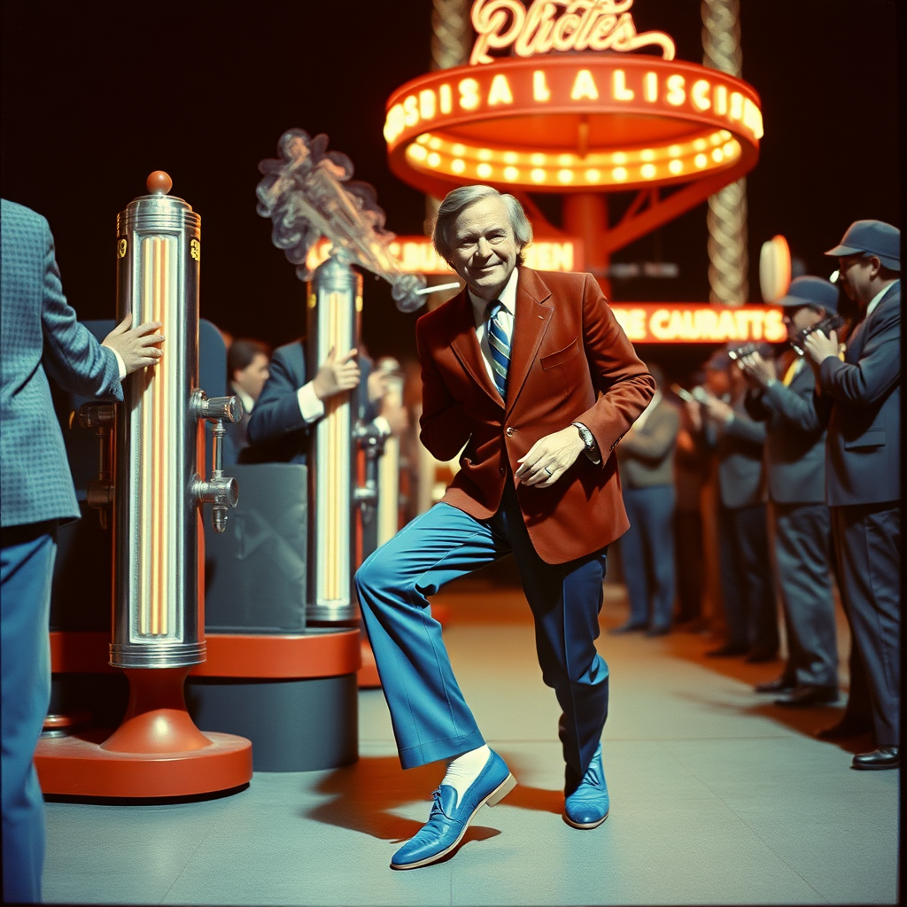 Highly detailed Kodachrome color real surrealist photograph from 1974 of There's Howard Hughes in blue suede shoes  
Smiling at the majorettes, smoking Winston cigarettes