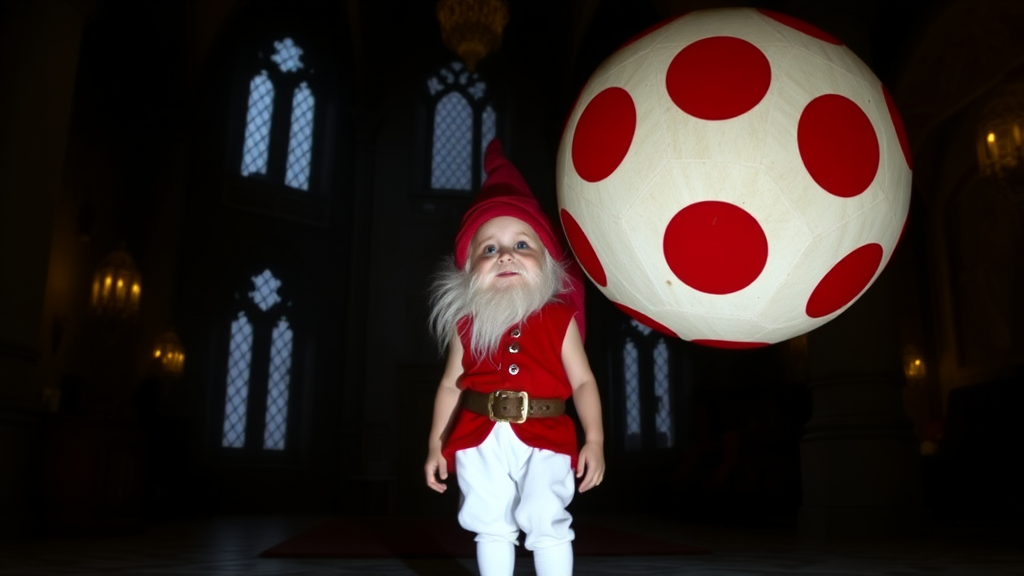 Interior. Dimly lit castle. 1980s movie. A human little person dwarf with white pants, red vest, and very large spherical hat that is white with large red spots.