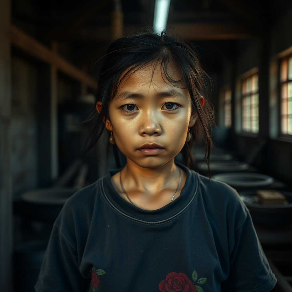 A very sad and hungry Laos girl (20 years) with a very old T-Shirt in a very dark old and mystery Factory