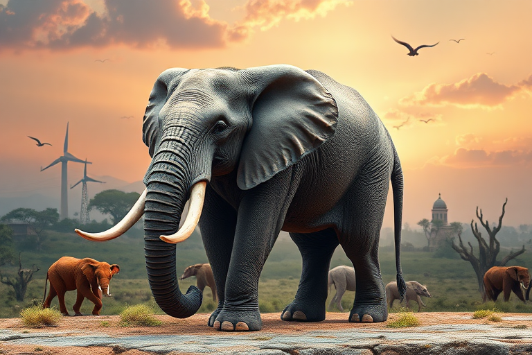 Generate a full-length photorealistic image of an elephant, utilizing the frame and silhouette of a mouse while keeping the elephant's head intact, showcasing its distinct facial features. The skin should resemble the texture of an elephant, and fur elements should hint at a mouse's softness. The background should blend colors and textures inspired by both animals, incorporating savanna landscapes and urban environments to create a harmonious yet whimsical scene. Focus on lighting that highlights the unique characteristics of the combined creature, enhancing the surreal yet believable nature of the artwork.