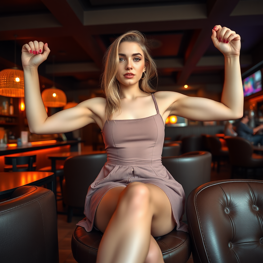 a nordic girl in a short dress sitting in a lounge bar, raising her arms to show armpits, camera angle from below