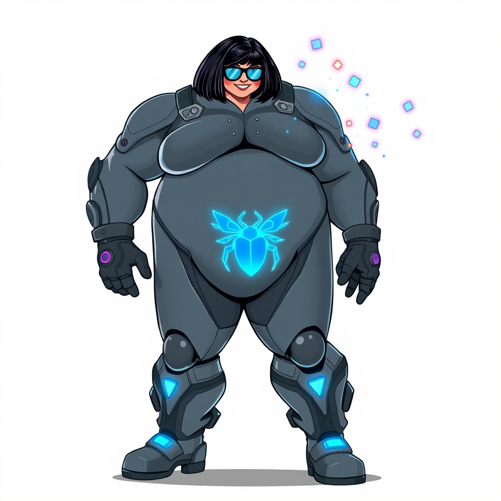 A heavily, extremely, and intensely pampered nerdy full-figured middle gray digital sidekick, a 28-year-old computer major, has been transformed by her doting vigilante boyfriend. Her distinct, metallic, middle gray skin and bob cut appear to blend together simulating computer data, and her neon blue eyes glow with intelligence. Her full-figured physique, now showcasing a gargantuan round midsection, colossal limbs, and broad shoulders, contrasted by a slim face, clearly reflects her indulgence and pampering. Her full figure is prominently highlighted, with her prominent, gargantuan, round midsection and colossal limbs emphasizing her pampered sidekick status. As the loyal and supportive sidekick, she plays a crucial role in their missions, using her digital prowess to assist and protect.

She wears a digital middle gray suit with a neon blue glowing scarab beetle chest icon, digital middle gray boots with neon blue glowing scarab beetle themed accents, and matching high-tech gloves with matching accents. She bashfully giggles with a neon red blush, emitting neon blue data cubes from her body. Her full figure clearly shows how pampered she is. Her nerdiness is accentuated by her black oversized eyeglasses.

Her outfit, influenced by DC’s Jennifer Knight Phantom Lady, remains distinct. Adding to her pampering, she serves as his minicomputer, traveling in his high-tech wristwatch and supercar’s computer system. Using her ability to hack into computers and machines, she relays crucial knowledge relating to his missions.

Her prominent, gargantuan, rounded midsection and massive limbs are on full displayed, emphasizing her indulgence and pampering while maintaining her nerdy physique. She is on a solid white background. She is drawn as if she was in a retro 2D cyberpunk fighting game. Ensure her midsection is round.