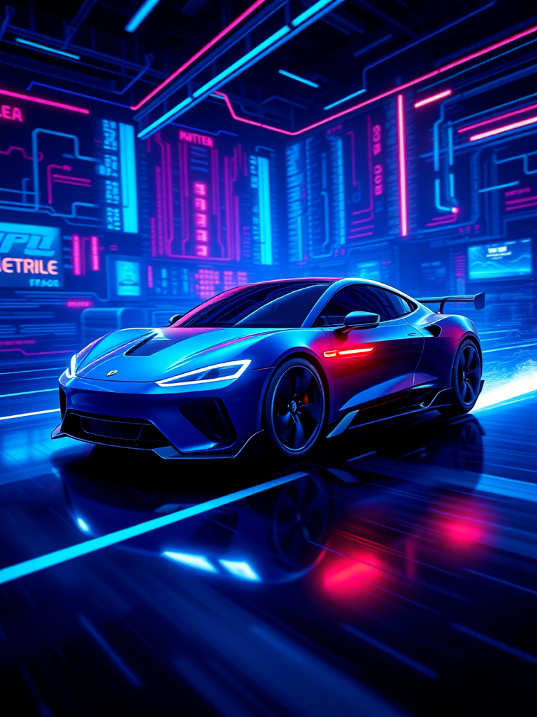 Please render the electric car racing in cyberspace in a realistic 3D manner. Make the background cyber-like and express it with a sense of speed with the "electric sparks". Make the overall color dark blue and draw it with a neon sign feel.