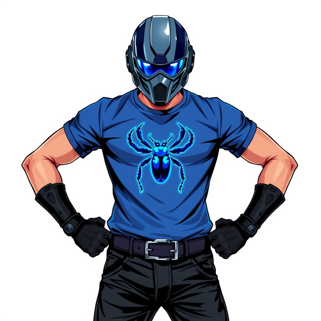 A 28-year-old cyberpunk vigilante stands heroically, clad in a maximum blue t-shirt featuring a neon blue beetle on the chest. He wears black biker pants, a black belt with a sapphire beetle buckle, and a helmet resembling a sleek, tactical design, but colored maximum blue with neon blue glowing lenses. Their hands are protected by black metal gloves, all set against a solid white background. He is drawn as if he was in a retro 2D cyberpunk fighting game.