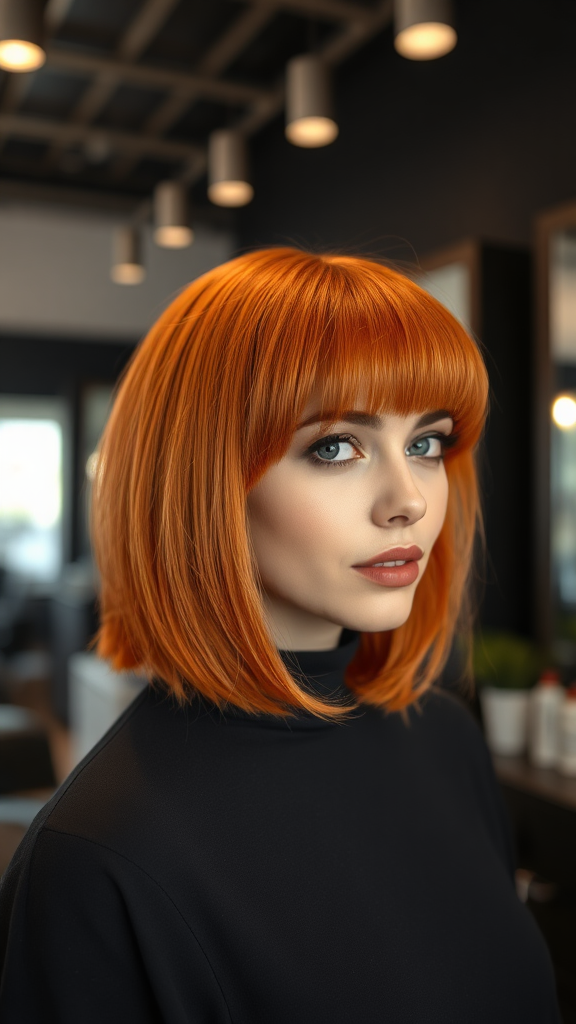 model with lop hair in orange-red color, in high definition, in the background, hair salon