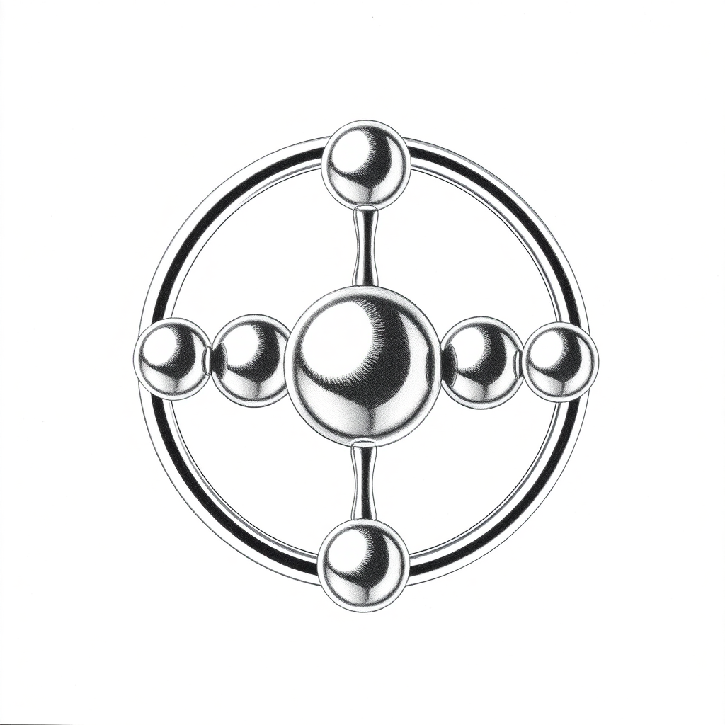 Five connected spheres of mercury in a ring in between two other spheres, spinning top, fidget spinner, toy, small spheres, isometric, side view, symmetric, pencil drawing, impossible, black and white, atomium, Escher, reflective, raytracing, seven, trickery