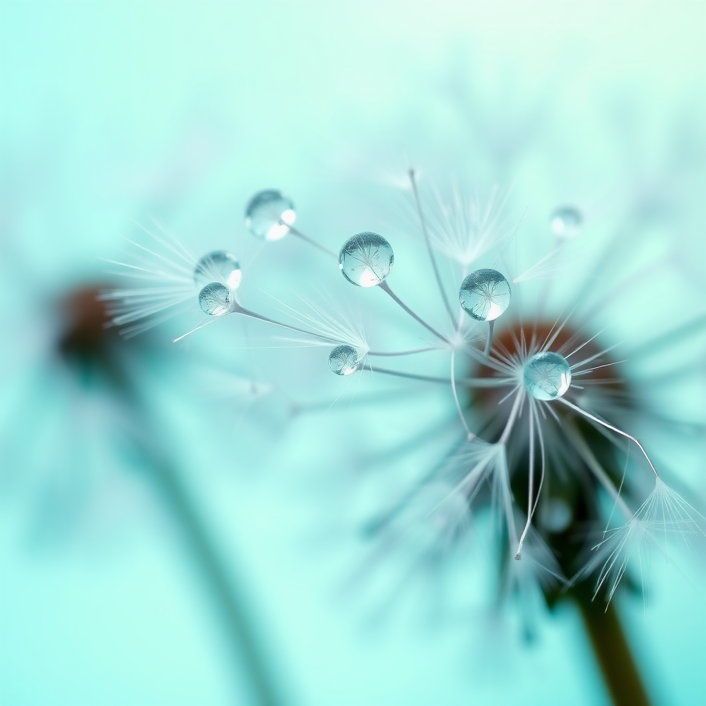 macro shot of delicate dandelion seeds adorned with glistening water droplets, set against a soft, gradient background transitioning from turquoise to light green. the composition highlights the intricate details of the translucent seeds, capturing the vibrant sparkle of the droplets, creating a dreamy and ethereal atmosphere. use hyperrealistic style to emphasize the textures and reflections, with a focus on the subtle contrasts in light and shadow, evoking a sense of tranquility and natural beauty.