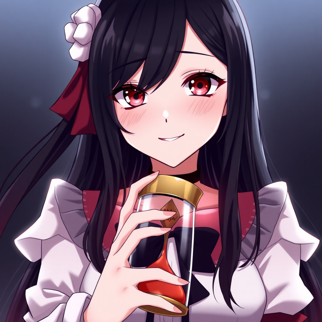 An anime girl with black hair and red eyes is wearing an hourglass. She has a smile like a villain.