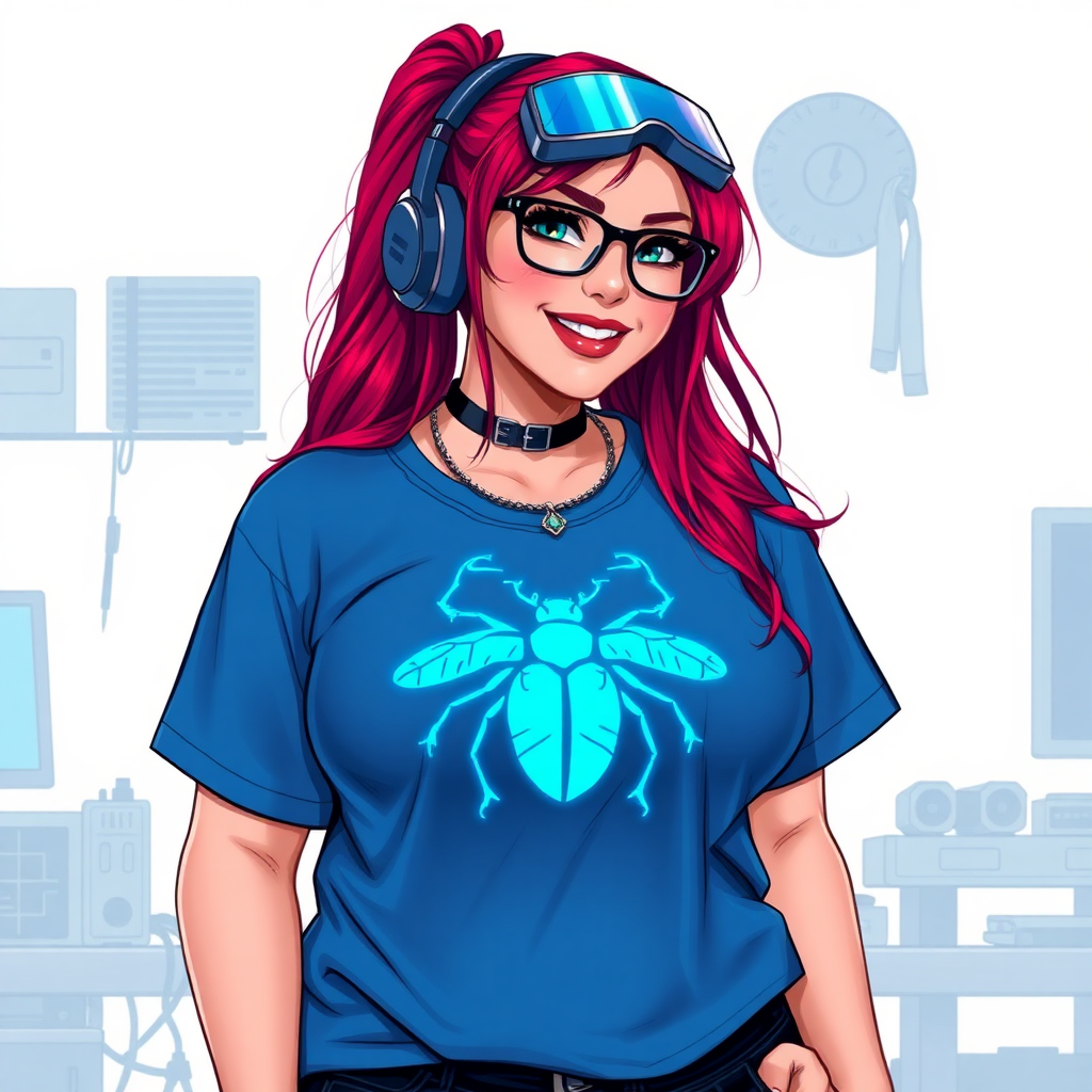 A cyberpunk vigilante’s full-figured intelligent and tech-savvy 29-year-old girlfriend, who is a computer hacker and tech genius. She has a long ruby red ponytail and bright blue eyes. She wears a sapphire beetle gemstone necklace, and an oversized maximum blue t-shirt featuring a giant neon blue glowing icon of a beetle on its chest. She has a full-figured physique with a prominently, gargantuan, well-rounded midsection, reflecting her well-cared-for lifestyle. She sports a sapphire headset with hi-tech maximum turquoise lensed HUD visor, black eyeglasses, and a beaming smile with a passionate bright red blush. Despite her figure and a lack of self-esteem, she radiates an air of beauty. She has a slim face which contributes to her radiant beauty. She serves as his tech expert from his hideout, diligently working at her workshop with a computer desk and tool bench. The background is solid white. She is drawn as if she was in a retro 2D cyberpunk fighting game. Ensure her shirt covers her midsection.