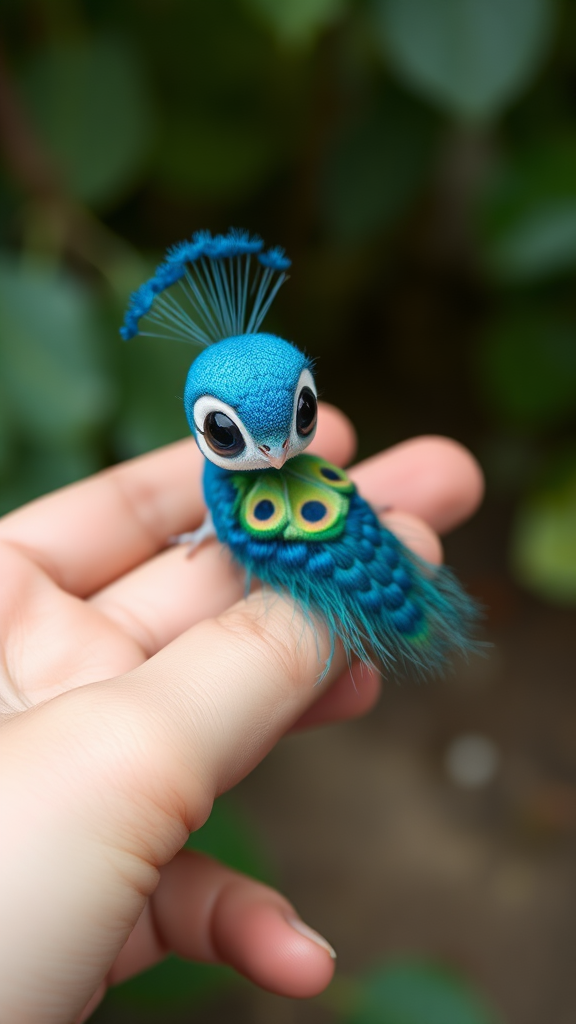 A small tiny cute big eyes big tail blue peacock on hand