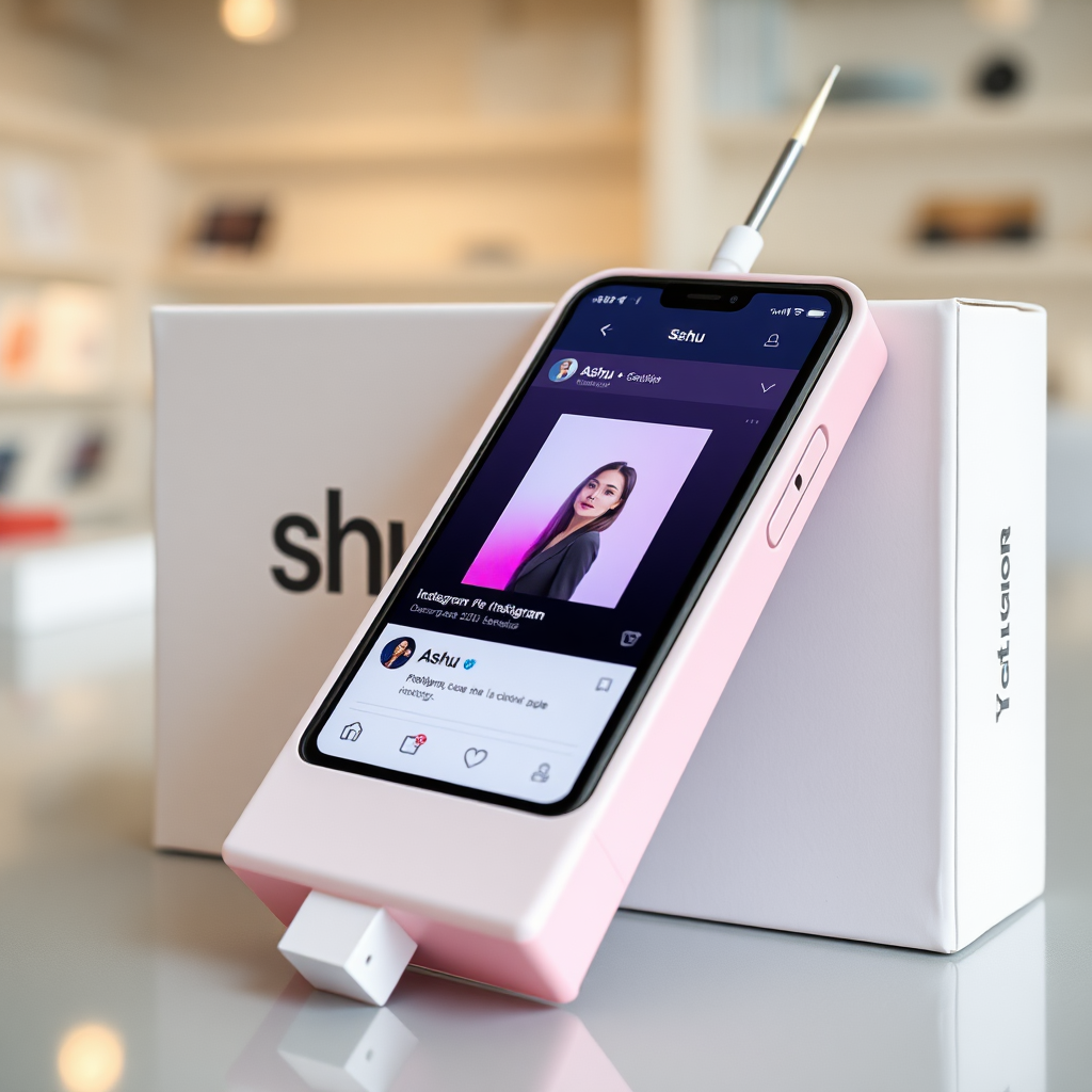 A close-up straight front view of a mobile phone in a shape inspired by a syringe, white pink futuristic, kept for sale leaning against a box with text Ashu and minimal design, in a showroom, touchscreen phone with Instagram page open on screen, needle on top, whitepunk.