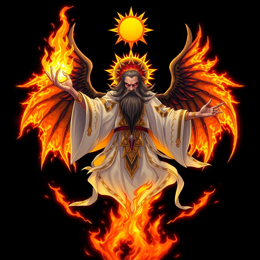 (High quality Anime styled art) Black background of a A divine yet malevolent entity, embodying both holiness and corruption, floats ominously in mid-air. Four blazing, fiery wings radiate intense solar energy, while a shattered halo resembling the sun hovers above its head. Clad in flowing robes of white, gold, and black with solar patterns, the being's long beard sways as its wrathful, ember-like eyes burn with fury. In one hand, it grasps a searing solar flame, glowing in vivid shades of yellow and orange, exuding a powerful and foreboding energy.